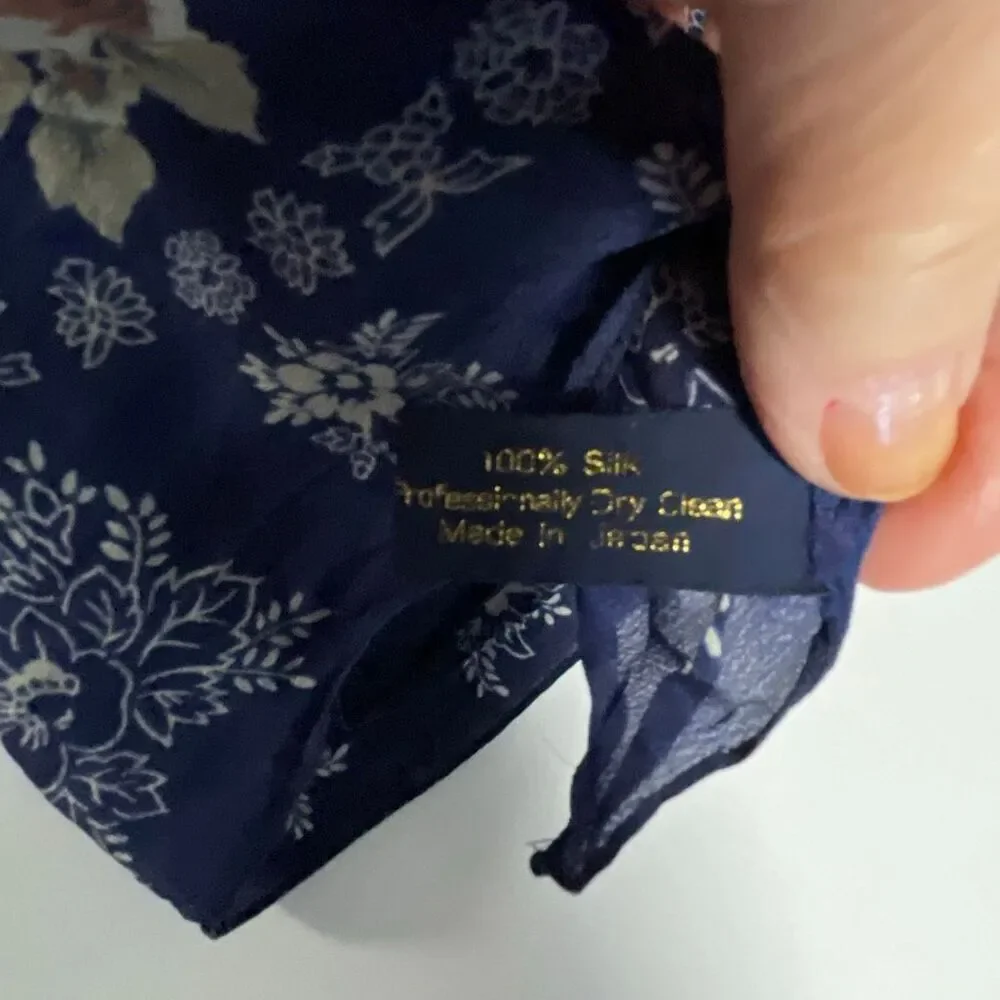 Access 100% silk dark blue floral scarf 32” x 33” hand rolled